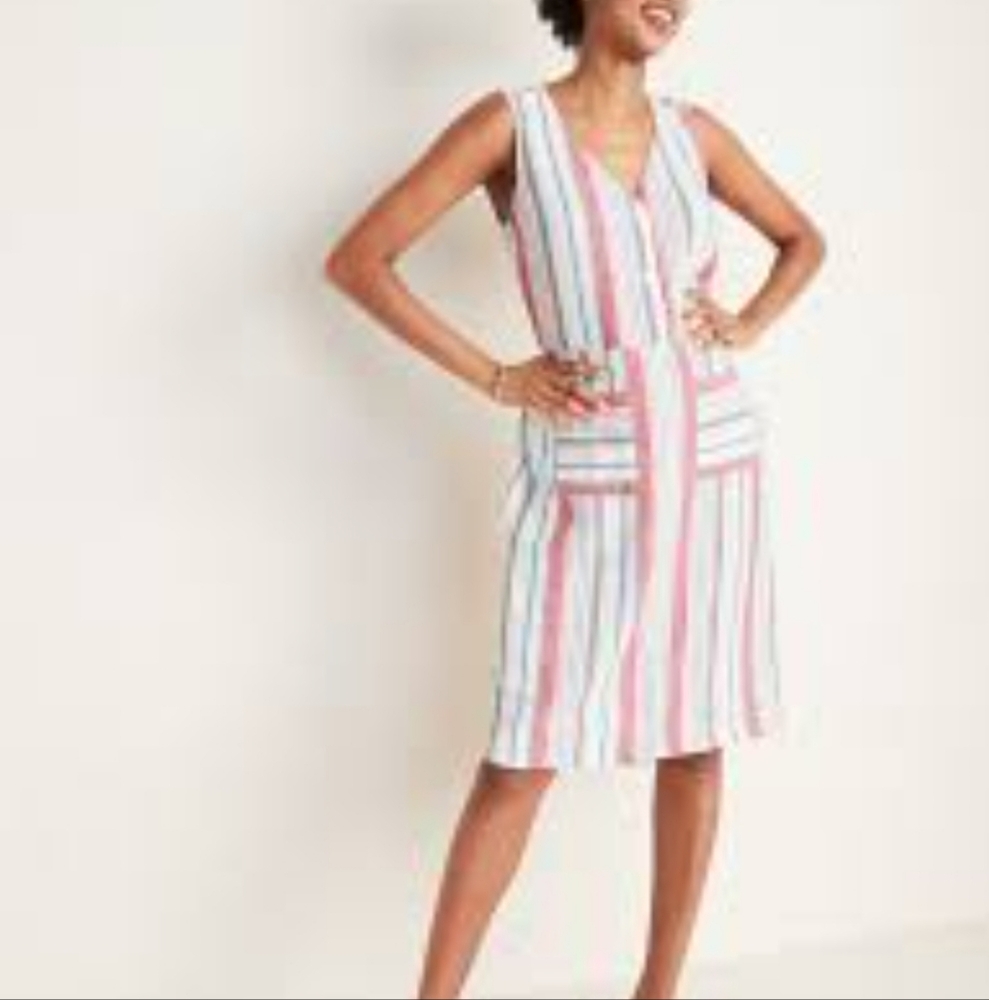 ♧♧ Old Navy Button Front Striped Linen Blend Sleeveless Dress Size Medium White